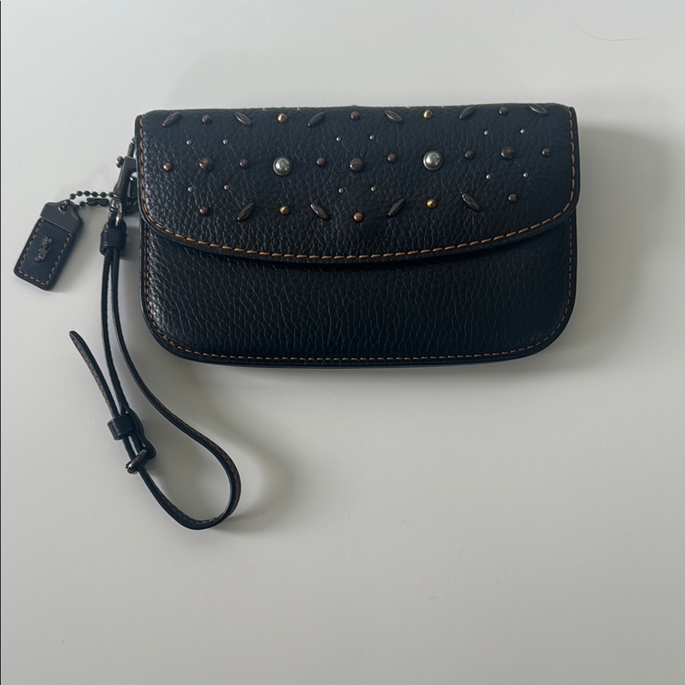Coach 1941 black leather wristlet with rivet details